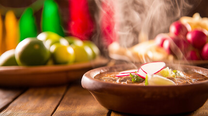 A steaming bowl of pozole soup garnished with radish and lime, set on a rustic wooden table with blurred patriotic colors.