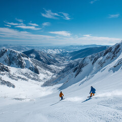 A photo suitable for a winter sports advertisement, showing people skiing and snowboarding on snowy mountains under a clear blue sky.