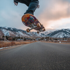 high quality color photo of someone skateboarding with mountain background in winter vibe with hands not showned 