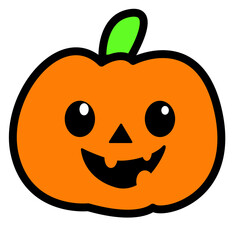 Cute smiling pumpkin illustration with bright orange color and green leaf, perfect for Halloween design, decorations, stickers, or kids’ artwork. Fun, cheerful, and festive vector style.