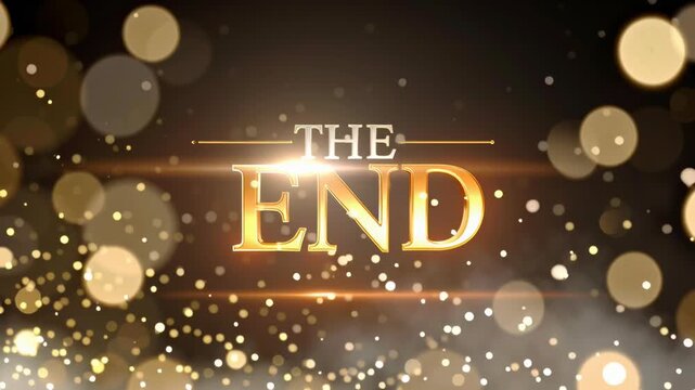Closing text visual effect: End text glowing gold with bokeh light celebration cinematic finale feeling. end cinematic title with golden letters and bokeh lights creating used in video outros 