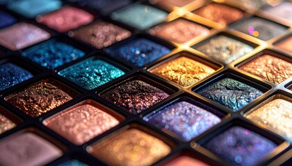 Close-up of a vibrant eyeshadow palette showcasing shimmering colors and textures, ideal for beauty enthusiasts