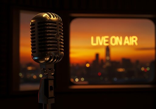 Retro microphone sunset cityscape backdrop Live On Air broadcasting radio studio podcast