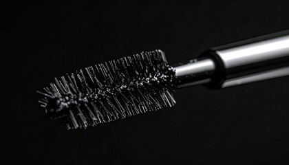 Close-up of a mascara brush coated with black mascara against a dark background, showcasing beauty product details