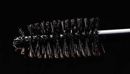 Close-up of a mascara brush with black product on bristles against a dark background, showcasing texture