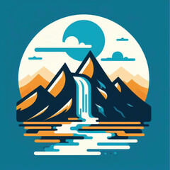 Mountain Landscape with Waterfall and Moon Minimalist Vector Illustration.