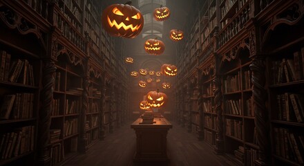 Eerie glowing pumpkins float through a classic library offering a spooky Halloween vibe perfect for seasonal promotions and creative marketing campaigns
