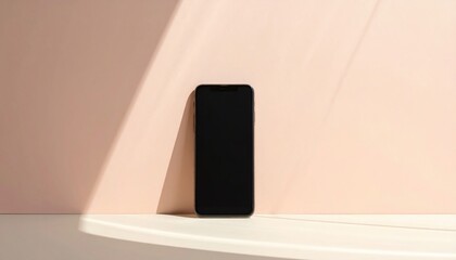 Minimalistic smartphone standing on a clean surface with soft shadows and pastel background