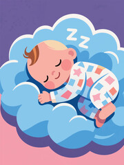 Illustration Of A Baby Wearing Cute Pajamas Sleeping On A Fluffy Blue Cloud Vector Design Template