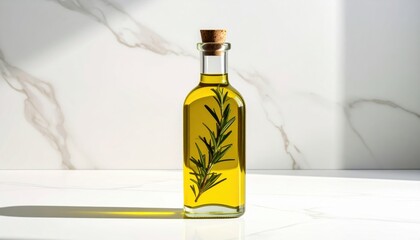 A stylish glass bottle of olive oil infused with rosemary, set against a marble background with soft lighting