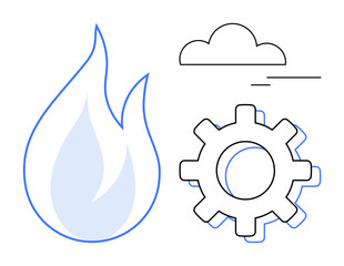 Large flame, gear symbol, and a small cloud. Ideal for energy, sustainability, innovation, industry, technology environment and operations. Simplistic flat metaphor