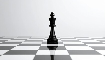 A solitary black king chess piece stands prominently on a checkerboard, symbolizing strategy and competition