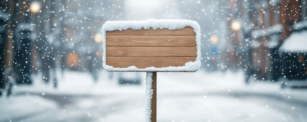 Fototapeta premium Blank wooden sign covered in snow winter street background snowfall cold festive empty copy space holiday peaceful