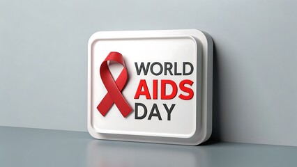 A red ribbon symbolizing world aids day is displayed on a white plaque with text, representing awareness and support for the global fight against hivaids