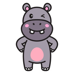 Cartoon Hippo Character Winking with Pink Cheeks on Transparent Background