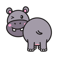 Cartoon Hippo Winking with Grey Fur and Pink Cheeks Isolated on Transparent Background