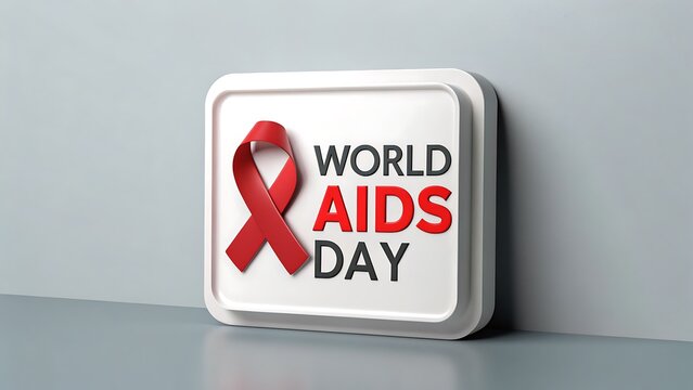 A red ribbon symbolizing world aids day is displayed on a white plaque with text, representing awareness and support for the global fight against hivaids - Powered by Adobe