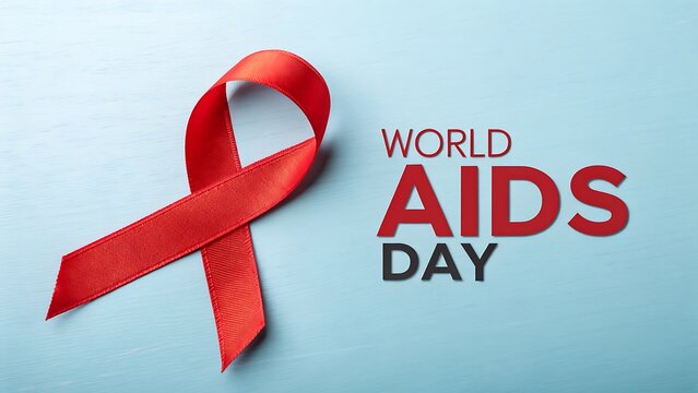 A textured red ribbon, a symbol for world aids day, is placed on a light blue background, signifying the ongoing global effort to combat hivaids and promote awareness