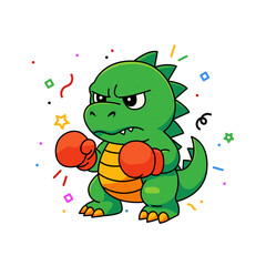 Cartoon Green Dinosaur with Orange Boxing Gloves Surrounded by Confetti on Transparent Background