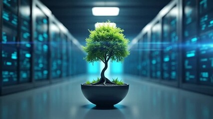 Bonsai tree in a modern data center representing green technology and sustainability - Powered by Adobe