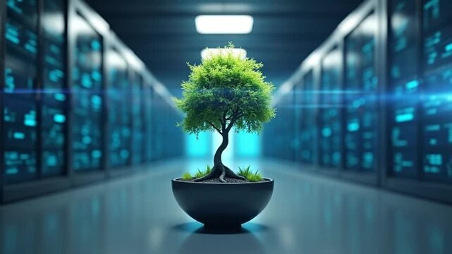 Bonsai tree in a modern data center representing green technology and sustainability