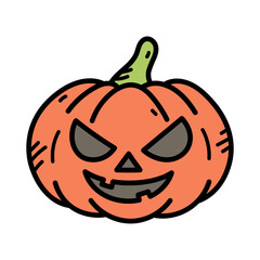 Cartoon Halloween Pumpkin with Black Outline on Transparent Background Isolated and Smiling with Orange Skin Tone and Green Stem