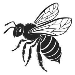 Stylized black and white silhouette of a flying bee