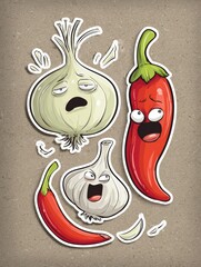 Naklejka premium Cartoon-style Garlic and Chili Peppers With Expressive Faces Showcasing Emotions in a Fun and Quirky Design