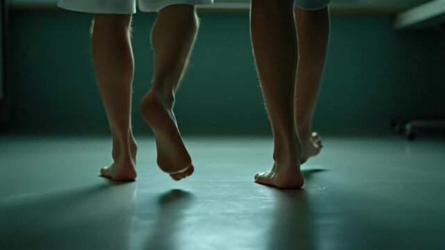 Two people sit on examination table with feet dangling in hospital room setting