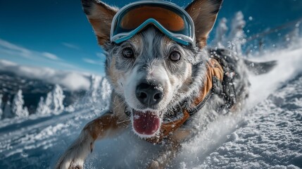 A dog wearing ski goggles runs down a snow mountain in slope