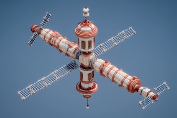 Obraz premium A detailed depiction of a futuristic space station with solar panels and a distinctive design, floating against a clear blue background.