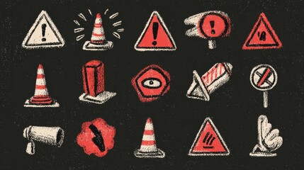 Traffic Warning Signs and Construction Symbols Illustrated in a Vibrant and Creative Style Showcasing Safety and Caution