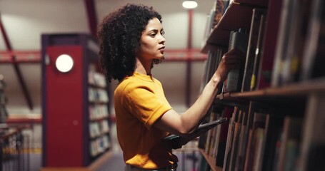 Woman, librarian and tablet in library for book search, shelf inspection and inventory management. Female person, digital and reading story titles for catalog, online checklist and website for stock - Powered by Adobe