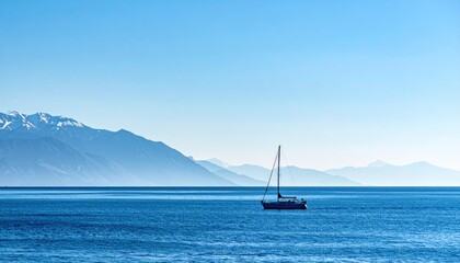 A serene sailboat gliding across calm blue waters with distant mountains under a clear sky
