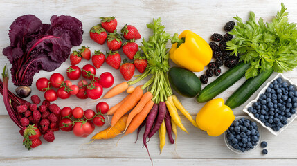 Fresh fruits and vegetables arranged beautifully on a wooden surface, captured from an overhead angle with soft lighting.