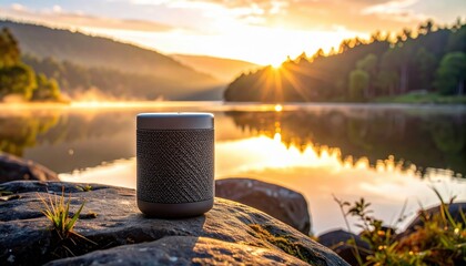 Modern speaker on a rock by a serene lake at sunrise, surrounded by misty mountains and lush greenery