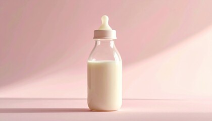 A serene and minimalist scene featuring a baby bottle filled with milk against a soft pink background
