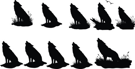 Howling wolf silhouettes set, wild wolves sitting in nature, forest animal design, wilderness illustration, wildlife art, vector animal shapes