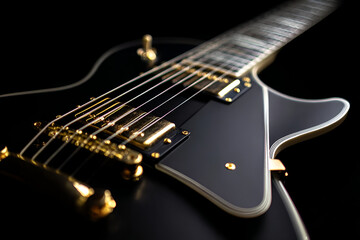 Fototapeta premium Close-up of an elegant electric guitar showcasing its sleek design and shiny gold hardware against a dark backdrop.