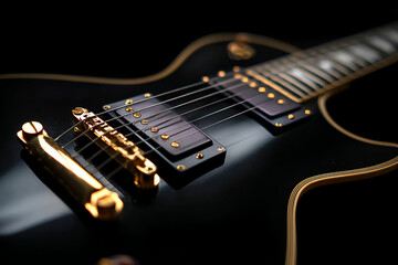 Fototapeta premium Close-up of a sleek black electric guitar showcasing its intricate design and polished features.