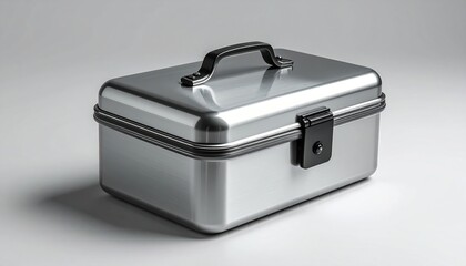 Sleek metallic lunch box with a secure latch, set against a minimalistic gray background for modern use