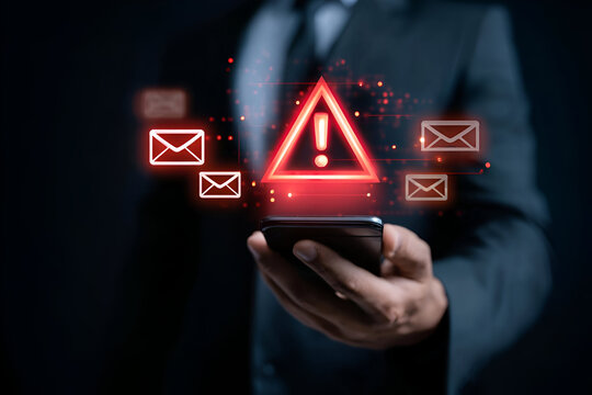 A businessman holding a smartphone with warning alerts about emails, representing digital communication risks.
