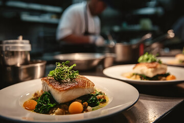 A gourmet fish dish beautifully plated, showcasing culinary artistry in a vibrant kitchen setting.