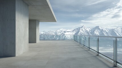 Modern concrete balcony overlooking vast snow-covered mountain range under bright daylight with glass railing
