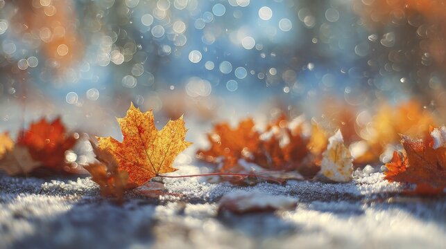 Golden maple leaves on frosty ground with shimmering bokeh in crisp outdoor autumn morning