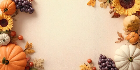 A vibrant autumnal composition featuring pumpkins, grapes, and sunflowers, perfect for seasonal celebrations.