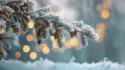 Close up of a frosted spruce tree branch with small pinecones during snowfall with golden bokeh lights
