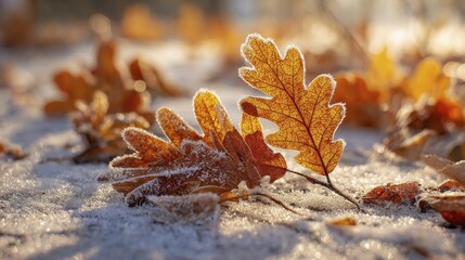 Frosted oak leaves on icy ground glowing in warm morning light during an early winter landscape