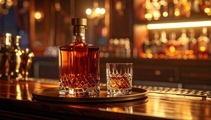 Elegant whiskey decanter and glass on a bar counter, warm lighting highlighting the rich amber liquid