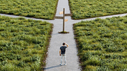 Confused man at three-way fork with blank signpost, uncertainty, choices, direction, decision, future - 3d render